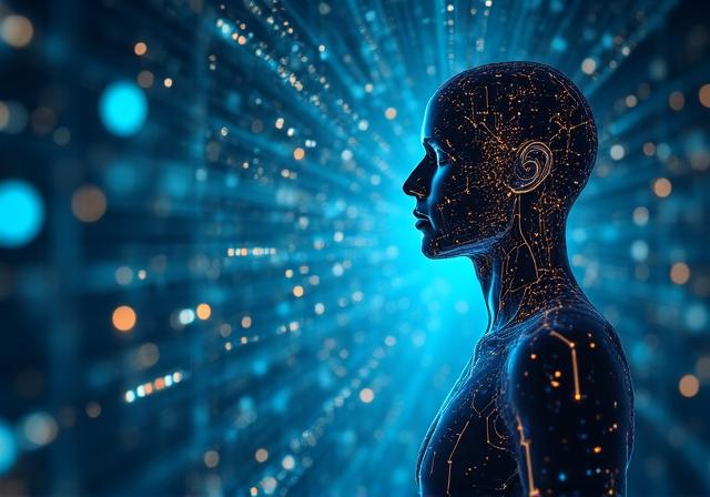 AI倫理を象徴する光と幾何学模様の抽象的なビジュアル